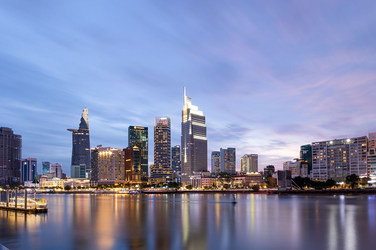 Financial district skyline at dusk