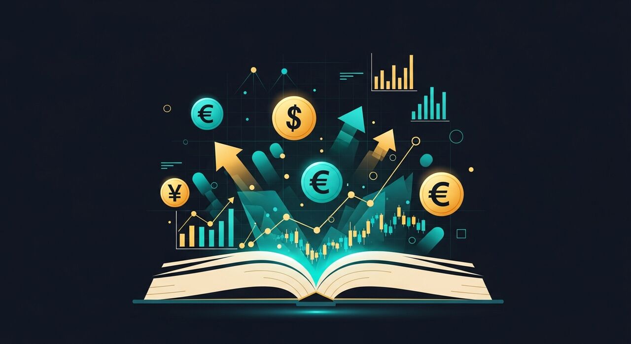 Open book with financial symbols — investing glossary